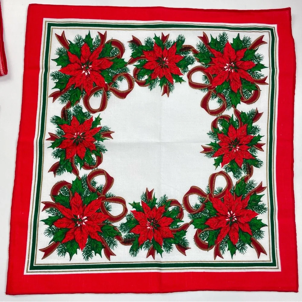 Vintage Christmas Napkins Cloth Poinsettia Flowers Red White Green Holiday Set 8